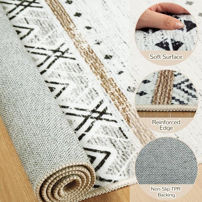BESTSWEETIE 2x8 Area Rugs for Living Room Washable Moroccan Farmhouse Neutral Geometric Low Pile Non-Slip Soft Print Pattern Rug for Bedroom Kitchen Dining Room Entryway Black/Brown
