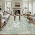 8x10 Washable Area Rug Teal Beige Abstract Living Room Bedroom Carpet Neutral Modern Non-Slip Soft Low Pile Lightweight Vacuumable Large Throw Rug for Dining Room