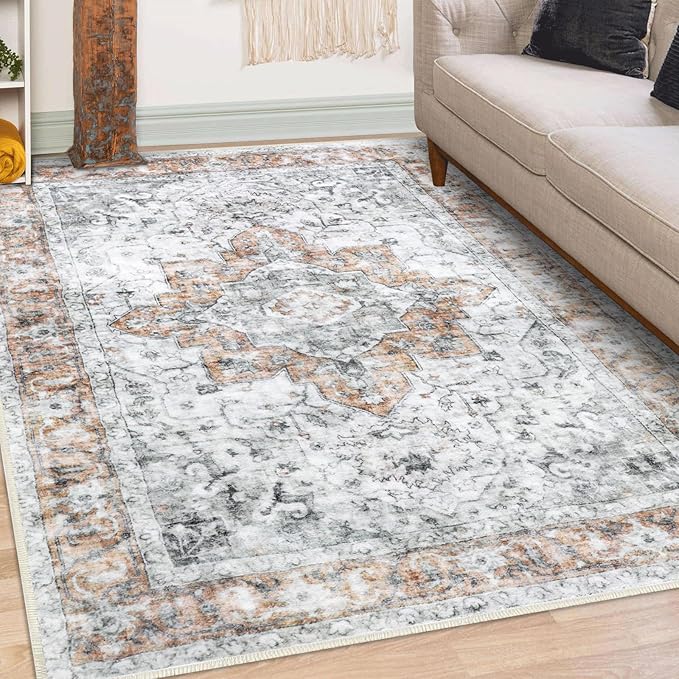 COMSLE 4x6 Rugs for Living Room Washable Area Rugs for Bedroom Faux Wool Distressed Throw Rugs Absorbent Non-Slip Floor Carpet for Indoor Kitchen Laundry Room Orange