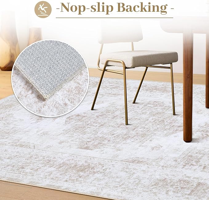 Area Rug 9x12 Living Room Rug, Machine Washable Vintage Distressed Medallion Rug Non-Slip Soft Low Pile Large Indoor Rugs for Bedroom Kitchen Dining Room Office(Beige,9'x12')