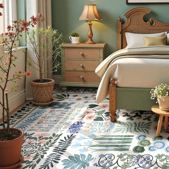 Floral Boho Washable Area Rug for Bedroom, Large Botanical Living Room Rugs 8x10, Non Slip Soft Indoor Throw Carpet for Home Office Nursery Dining Room Playroom (Beige,8 x 10)