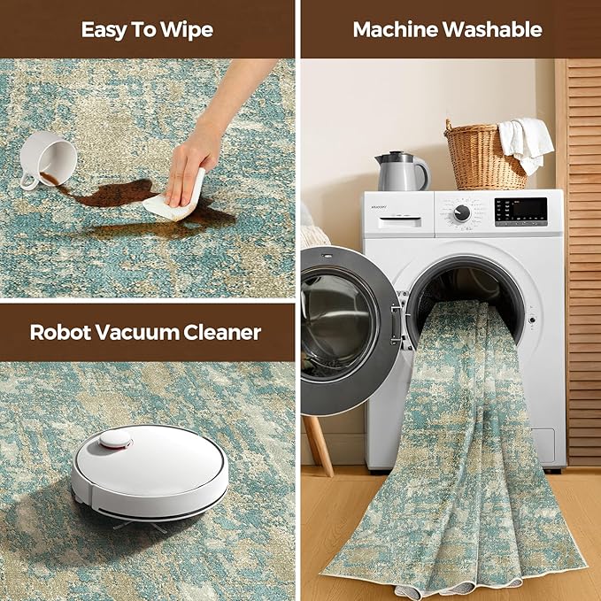 WITSHOCK Living Room Area Rugs 9x12：Modern Abstract Machine Washable Large Rug for Bedroom Dining Room Non-Slip Stain Resistant Home Office Decor,Teal Brown