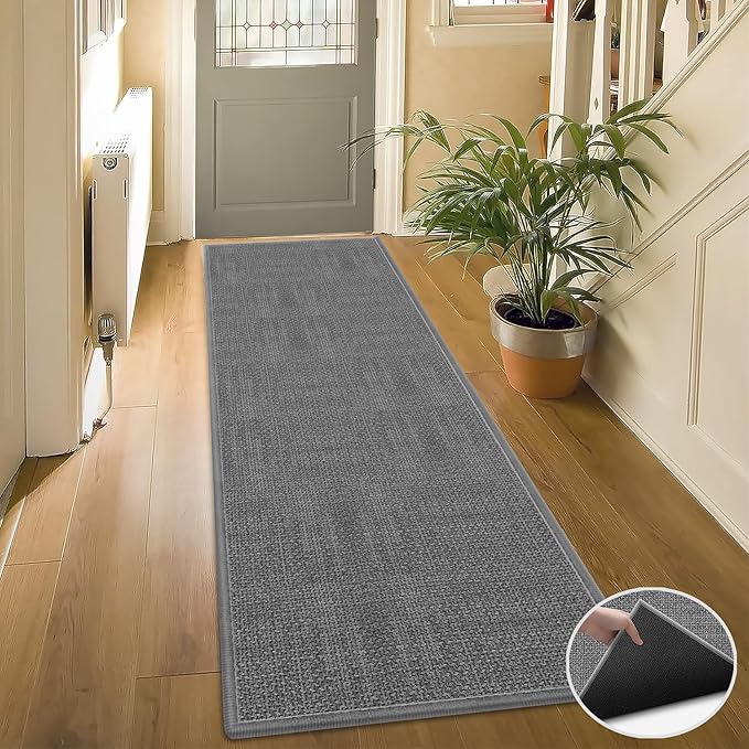 7ft Braided Jute Kitchen Runner Rugs Non Slip, Rubber Backed Absorbent Kitchen Carpets Mat Washable, Natural Rug Runner for Hallway Entryway, Grey