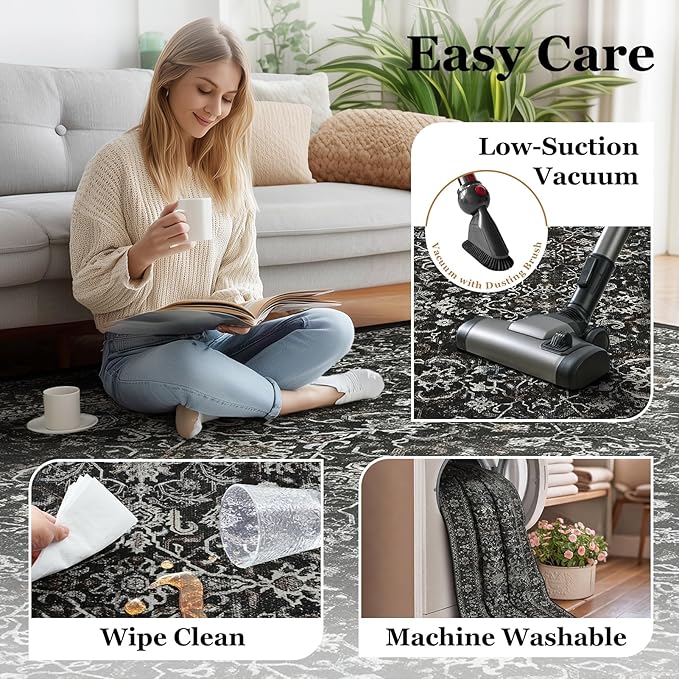 Washable Charcoal 5x8 Area Rugs, Vintage Earth Tone Dark Muted Black and Grey Carpet for Living Room Bedroom, Low Pile Thin Rug with Non Slip Rubber Backing for Dining Room Home Office
