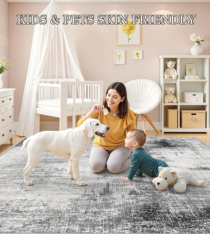 5x7 Washable Area Rugs - Modern Abstract Rugs for Living Room Non-Slip Low Pile Soft Machine Washable Carpet for Bedroom, Dining Room, Nursery, Home Office, Farmhouse (5'x7' Dark Grey)