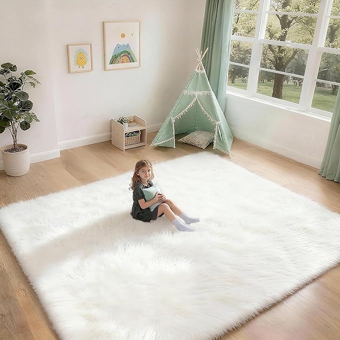 8x10 Solid Fluffy White Area Rug – Washable, Durable, Extra Large Living Room Rug, Non-Slip High Pile Shag Rugs for Bedroom, Playroom, Nursery Rooms, Kids Room, Soft Indoor Floor Carpet Decor