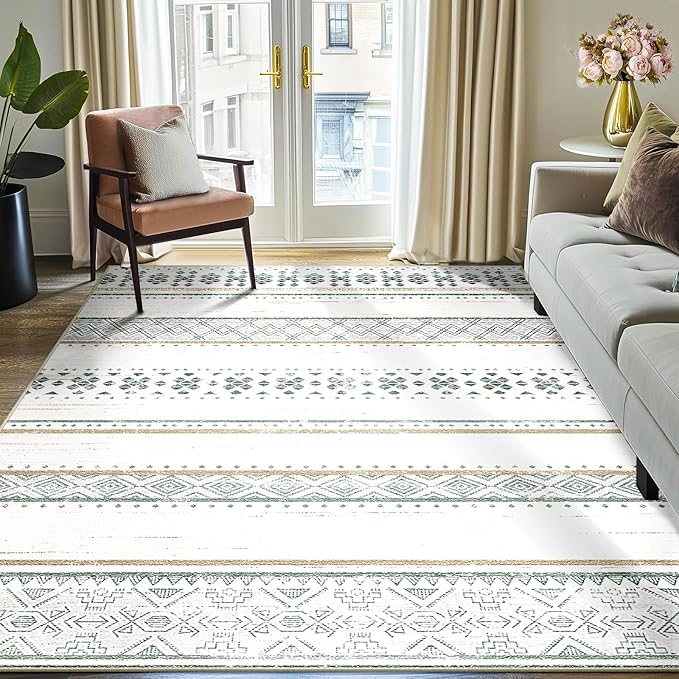 BESTSWEETIE 6x9 Area Rugs for Living Room Washable Moroccan Farmhouse Neutral Geometric Low Pile Non-Slip Soft Print Pattern Rug for Bedroom Kitchen Dining Room Entryway Green/Brown/Brown