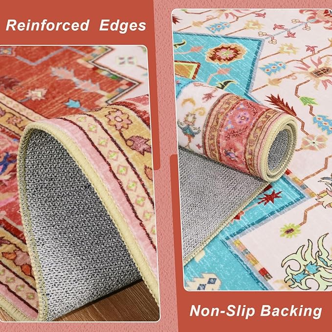 6x9 Orange Pink Area Rug for Living Room, Machine Washable Rugs with Non-Slip Backing for Bedroom, Vintage Medallion Carpet Dining Room Office Kids Room Decor