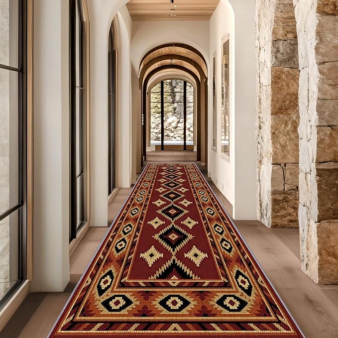 Burgundy Diamond Runner Rug, 3x12ft Hallway Runner Rugs - Corridor & Foyer Area Rugs, Non-Slip Mat Durable Rug, Washable Flannel Material, Southwestern Geometric Home Decor Carpet