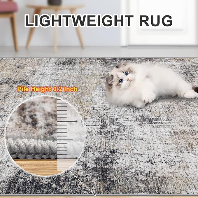 Area Rugs 9x12 Living Room - Washable Rug Modern Abstract Soft Large Neutral Non-Slip Carpet Indoor Floor Thin Carpets for Bedroom Dining Room Farmhouse Nursery Home Office Brown Black Grey