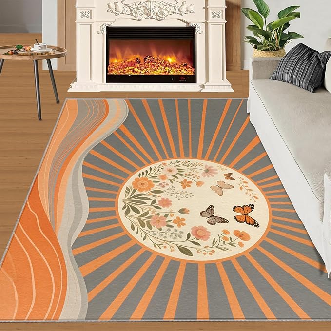 Boho Sun Area Rugs 3x5ft, Minimalist Line Boys Rugs for Bedroom, Geometric Solar Kids Room Rug Soft Fuzzy Washable for Living Room Game Room Coffee Table