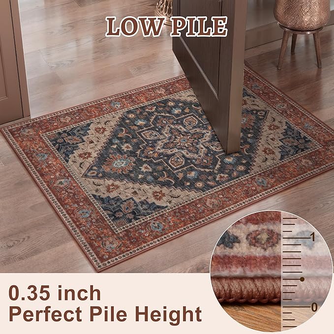 Tangsoo 5x7 Area Rug Washable Rug for Living Room, Vintage Rugs Indoor Non Slip Large Area Rugs, Print Carpet, Soft Low Pile Rugs Foldable Floor Rug for Bedroom Dining Room Dorm Dark Blue/Orange