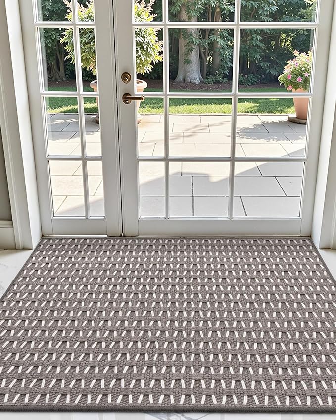 LUMI Handwoven Indoor Door Mat 36"x59", Non-Slip Low Profile Checkered Inside Doormat, Comfort Weave Grid Pattern Floor Mats, Taupe