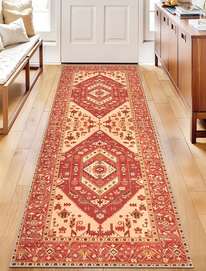 SERISSA Boho Washable Runner Rug, 2x6 Rug Runner Non-Slip Vintage Red Beige Hallway Kitchen Runner Rug Ultra Soft Print Distressed Floor Carpet Runner for Bedroom Bathroom Laundry Living Room