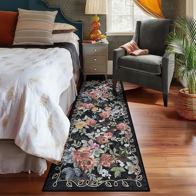 2x6 Machine Washable Runner Rug, Kitchen Hallway Area Rug Black Vintage Boho Floral Ultra Non-Slip Low Pile Soft Faux Wool Carpet, Kids and Pets Friendly for Bedroom Entryway Nursery Home Decor Rug