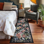 2x6 Machine Washable Runner Rug, Kitchen Hallway Area Rug Black Vintage Boho Floral Ultra Non-Slip Low Pile Soft Faux Wool Carpet, Kids and Pets Friendly for Bedroom Entryway Nursery Home Decor Rug