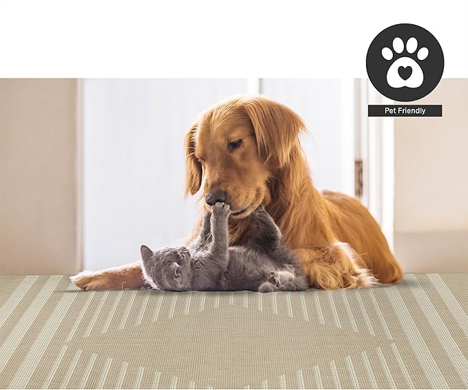 FH Home Flat Woven Outdoor Rug - Waterproof, Easy to Clean, Stain Resistant - Premium Polypropylene Yarn - Modern Geometric Kilim - Patio, Porch, Deck, Balcony - Mesa - Beige - 5ft 2in x 7ft 6in
