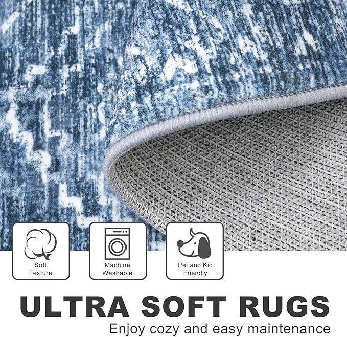 KILOCOCO Runner Rug 2x5 Hallway Runner Rugs Washable Kitchen Runners Non Slip Printed Distressed Laundry Room Rug, Low-Pile Soft Rug Runners for Entryway Bedroom Living Room Bathroom, Stonewashed Blue
