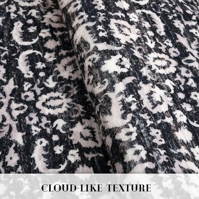 Vintage Floral 3x5 Rug, Black and White Entryway Rug Small Area Rug Washable Non-Slip Throw Rug, Thin Printed Faux Wool Low-Pile Kitchen Rugs Super Soft Capet for Entrance Bedroom Office