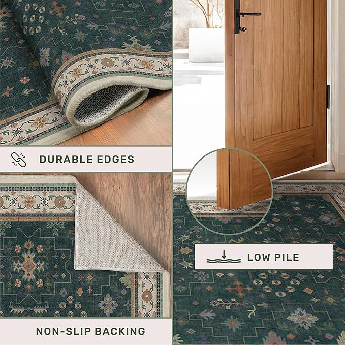 Dark Green 2x6 Kitchen Rug - Modern Vintage Boho Eclectic Floral with Brown Accent, Washable Low Pile Non-Slip Runner Rugs for Bathroom, Door Mat Indoor Entrance, Hallway, Bedroom, Laundry