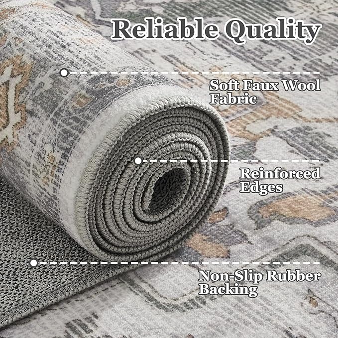 Farmhouse Distressed 8x10 Rugs for Living Room Bedroom, Washable Non Slip Vintage Dining Room Rugs for Under Table, Low Pile Thin Soft Carpet Medallion Pattern Printed Boho, Grey/Orange-Brown