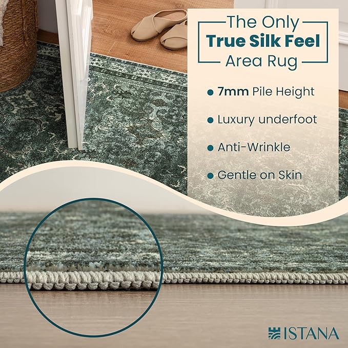 Istana 5x7 Area Rug - Dark Green Rugs for Living Room 5x7 - Foldable Rugs for Bedroom - Stain Resistant Washable Rug - Eco-Friendly Boho Area Rugs - Easy to Clean Living Room Rug
