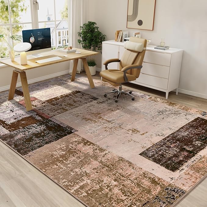 LOCHAS Rug for Living Room 6x9, Washable Soft Area Rugs for Bedroom, Abstract Carpet for Office Kids Dining Room Nursery Floor, Brown Pink Geometric Vintage Home Decor, Non Slip, Pet Child Friendly