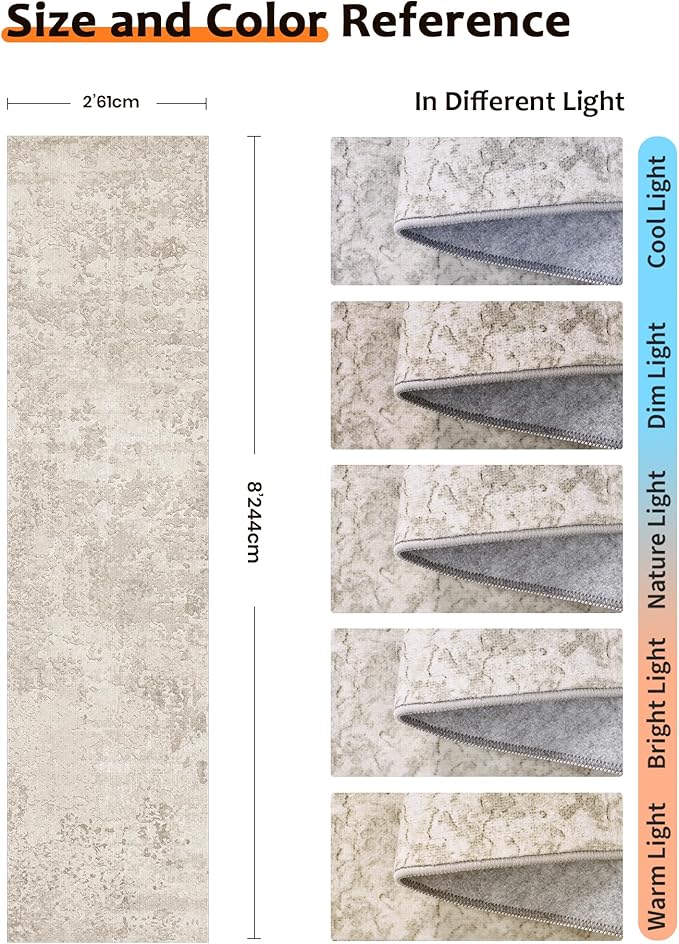 Art&Tuft 2x8 Runner Rug - Washable Runner Rugs, Non-Slip Runner Rug for Hallway, Low-Pile 2x8 Rug Runner Kitchen Laundry Room Rug Throw Carpet for Entrance Bedroom Living Room, Beige