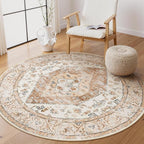 Lahome Boho Round Rug - 3Ft Washable Area Rug, Non-Slip Small Bathroom Rug, Lightweight Bedroom Throw, Oriental Distressed Print Carpet for Entryway, Sofa, Nursery, Kids Room