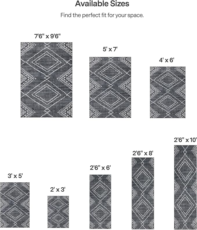 ReaLife Rugs Machine Washable Area Rug - Living Room Bedroom Bathroom Kitchen Entryway Office - Padded Crease Free Stain Resistant Premium - Moroccan Diamond Tribal- Jax - Gray- 2'x 3'