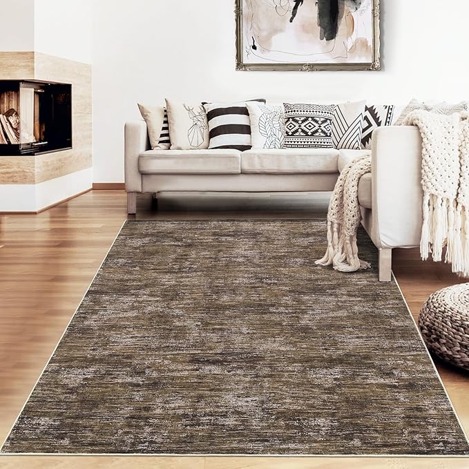 RUGSREAL Washable Rug 10x13 for Living Room Modern Abstract Area Rug Non-Slip Large Contemporary Bedroom Rug Stain Resistant Aesthetic Accent Floor Carpet Foldable Solid Rug for Home Office, Brown