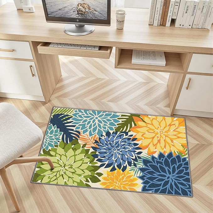 2x3 Colorful Washable Small Rug Tropical Botanical Modern Floral Indoor Chenille Door Mat Carpet Non Slip for Patio, Entry Way, Entrance, Porch, Green