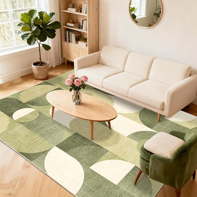5x7 Area Rugs Green Washable Rug for Living Room Bedroom,Large Modern Geometric Non Slip Carpet for Dining Room Farmhouse Office