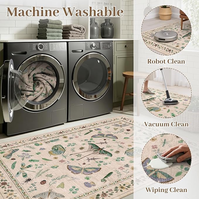 7x9 Low Pile Machine Washable Bug Rug - Indoor Non-Slip Insect Print Rug for Entryway, Living Room, Bedroom, Kitchen, Front Door, Laundry (7'x9' Beige Green)
