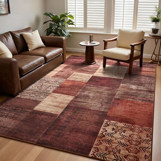 DweIke Washable Area Rugs for Living Room, 4x6 Soft Bedroom Rugs, Geometric Print Non-Slip Modern Rug, Stain Resistant Throw Carpets for Office Nursery Dining Room Home Dorm Decor, Red