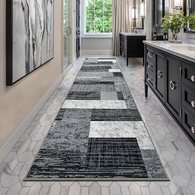 Indoor Runner Rug, Washable Runner Rug with Rubber Backing, Modern Geometric Patchwork Aesthetic Carpet for Bedroom, Living Room, Hallway, Entryway, Washable Rugs Rockwood Collection, 2.7x8 Ft Grey