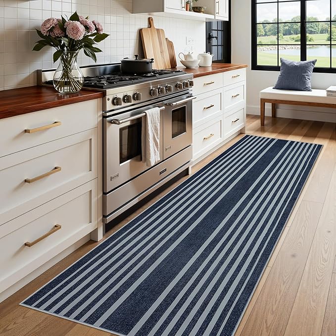 Beeiva Striped Blue Runners for Hallways, 2.5x8 Washable Bathroom Runner with Rubber Backed, Non Slip Soft Low Pile Indoor Floor Carpet for Kitchen Bedroom Porch High Traffic Areas