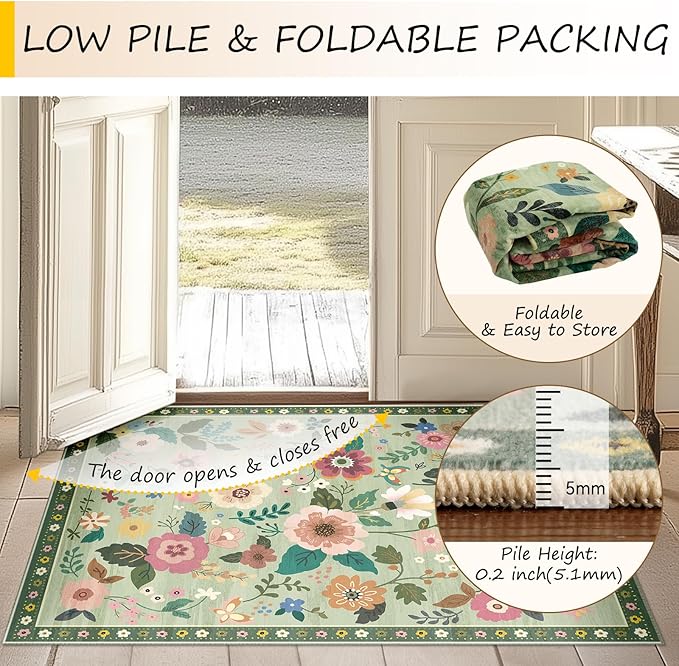 Floral 3x5 Area Rug Machine Washable Soft Print Boho Carpet Non Slip Doormat Low Pile Flower Area Rugs for Living Room Bedroom Nursery Kitchen Dining Room Indoor-Light Green