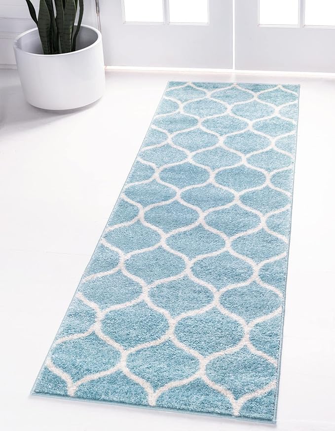 Rugs.com Lattice Frieze Collection Rug – 2' x 8' 8 Runner Light Blue Medium Rug Perfect for Living Rooms, Large Dining Rooms, Open Floorplans