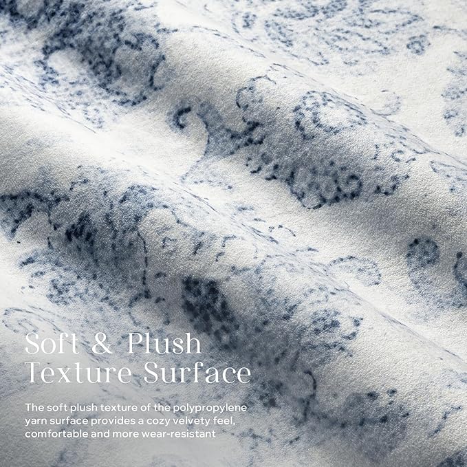 Phantoscope Washable Area Rug 6'x9' Non-Slip, Vintage Neutral Rugs for Living Room, Bedroom, Dining Room, Distressed Boho Floral Medallion Pattern, Low-Pile Foldable Floor Carpet, Blue/White