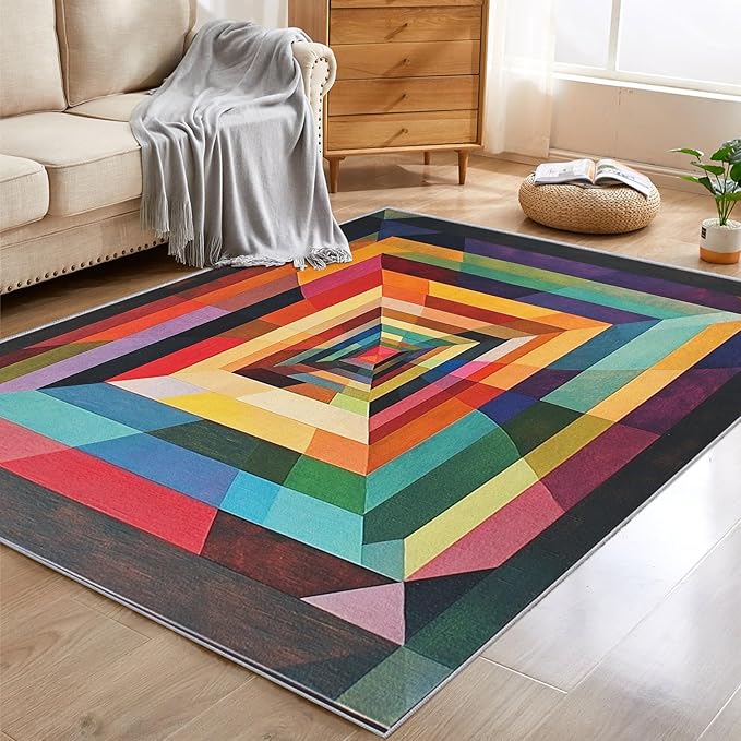 7x9 Colorful Geometry Rugs for Bedroom Decor, Washable Abstract Geometric Pattern Area Rug, Living Room Home Decoration, Non Slip Soft Thin, Abstract Art Decor Carpet PF-P 49