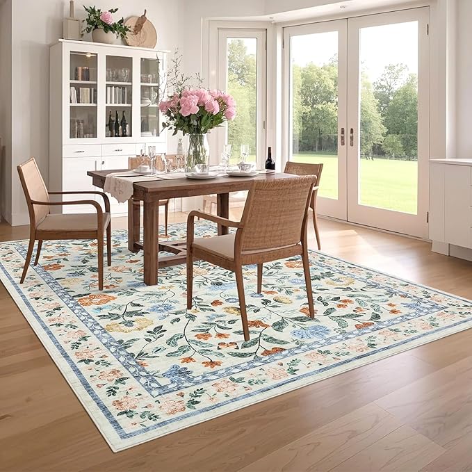GarveeHome Washable Area Rug 9 x 12 for Living Room, Non-Slip Soft Vintage Rug, Low Pile Farmhouse Floral Carpet, Non-Shedding Indoor Foldable Printed Rugs for Bedroom, Green
