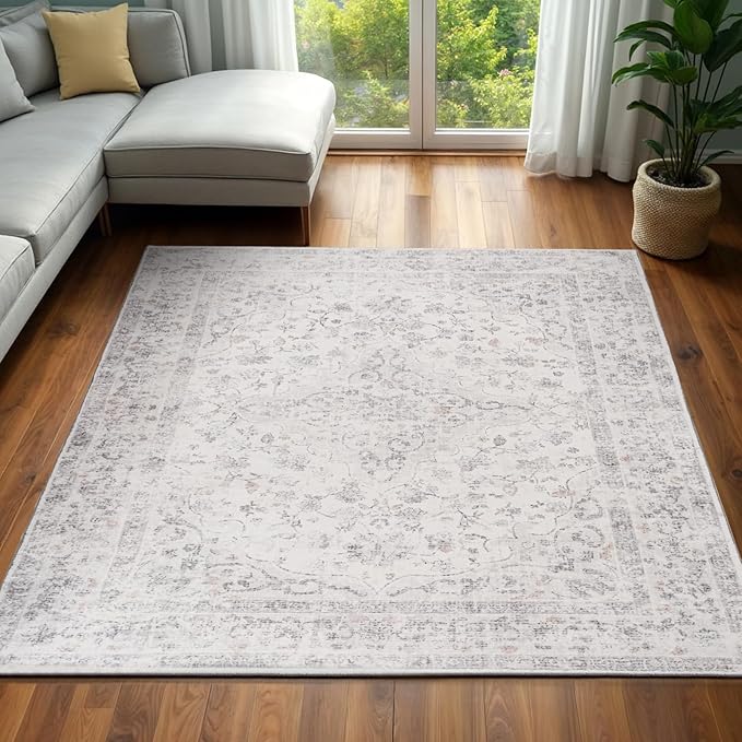 Area Rug – 6x9 Washable Ultra-Soft Vintage Boho Faux Wool Carpet for Living Room, Dining Room, Bedroom, Home Office (Grey)