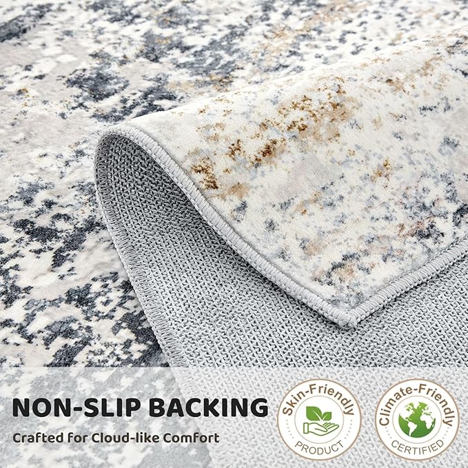 Washable Runner Rug for Hallway: 2.6x14 Neutral Modern Abstract Low Pile Area Rug with Non-Slip Backing - Carpet for Bedroom Kitchen Laundry Entryway Bathroom Indoor - Beige Blue