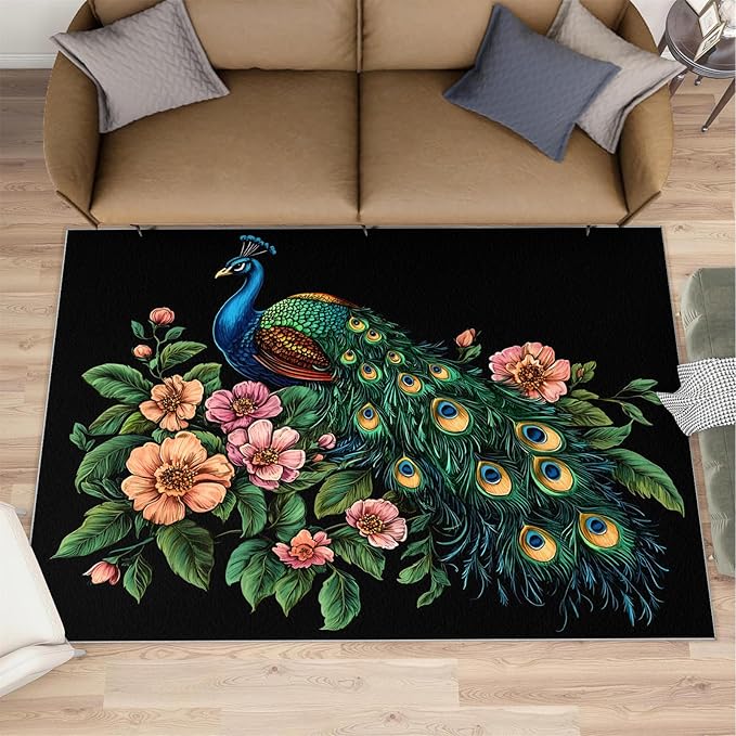 Peacock Peony Rugs for Bedroom - 5x8 Rug, Classic Peacock Peony Area Rugs for Living Room, Teal Turquoise Carpet, Floral Plant Washable Area Mat, Aesthetics Carpet - Peafowl Home Decor & Gifts