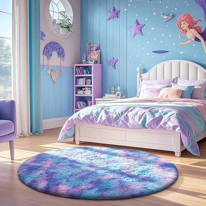 Ophanie Soft Fluffy Shaggy Rugs for Bedroom Living Room Dorm Nursery Home Decor Aesthetic, Color Rainbow Purple,Size 4' Round