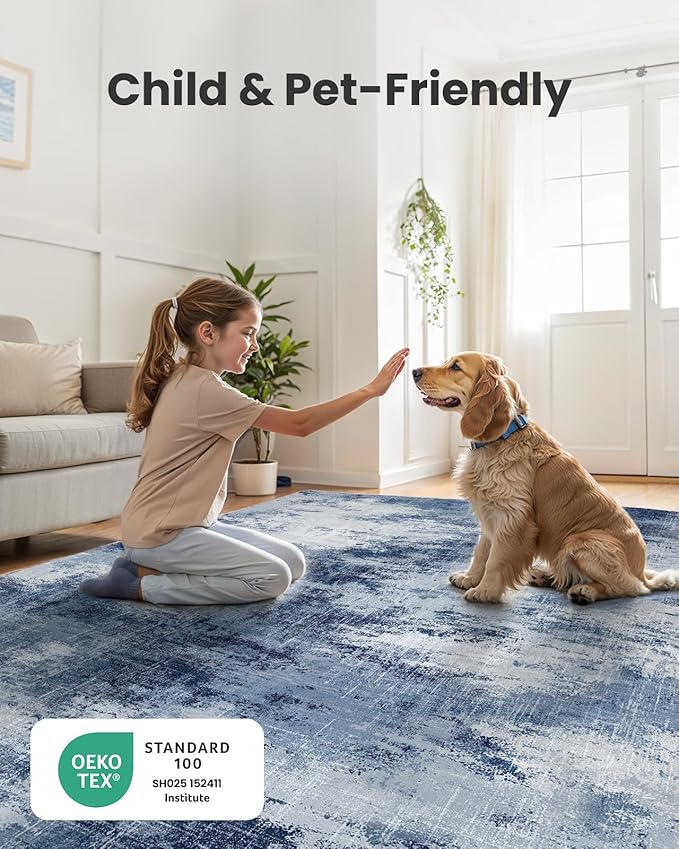 6x9 Area Rugs for Living Room, Modern Abstract Washable Rug with Non-Slip Backing & Low Pile Indoor Carpet for Nursery Room, Bedroom and Dinning Room, Dark Blue