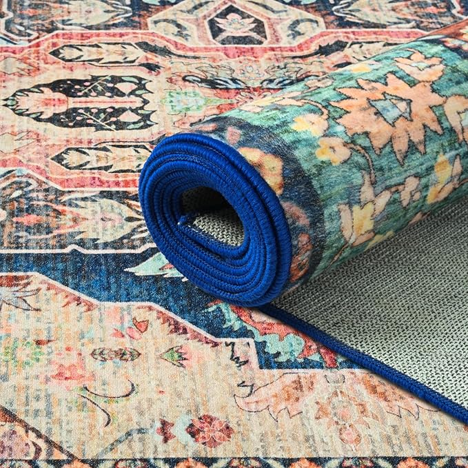 Large Area Rugs 9x12, Low Pile Washable Rugs - Soft Vintage Distressed Rugs for Living Room Bedroom, Office, Dining Room, Water Repellent & Non Shedding, Terracotta