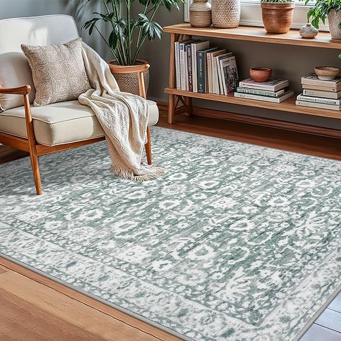 Vintage Floral 3x5 Rug, Sage Green White Entryway Rug Small Area Rug Washable Non-Slip Throw Rug, Thin Printed Faux Wool Low-Pile Kitchen Rugs Super Soft Capet for Entrance Bedroom Office