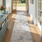 Washable Runner Rug for Hallway: 2.6x12 Neutral Modern Abstract Low Pile Area Rug with Non-Slip Backing - Carpet for Bedroom Kitchen Laundry Entryway Bathroom Indoor - Beige Blue